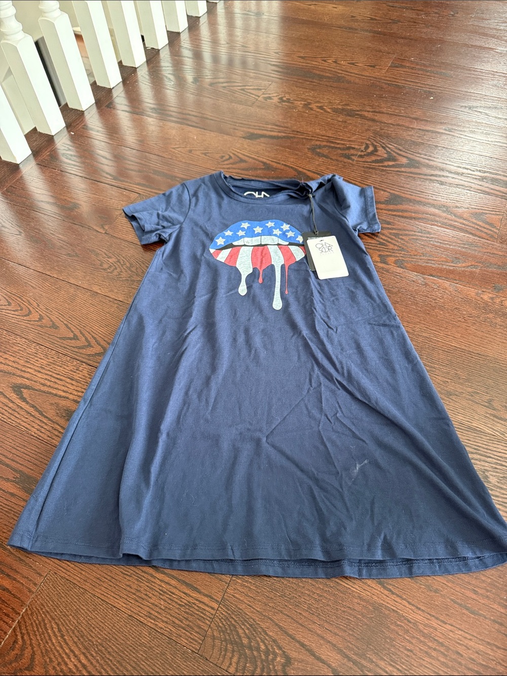 Navy Tee Dress with American Flag Drip Lip Graphic